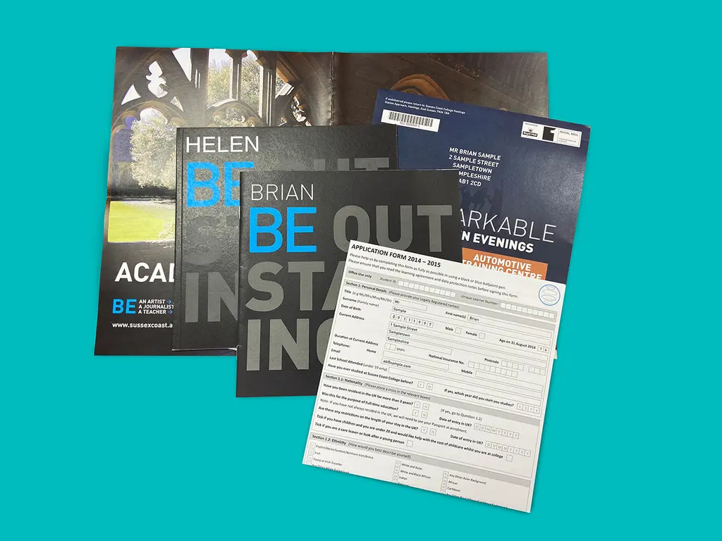 Personalised Sussex Coast College prospectus pack produced by Kingsline